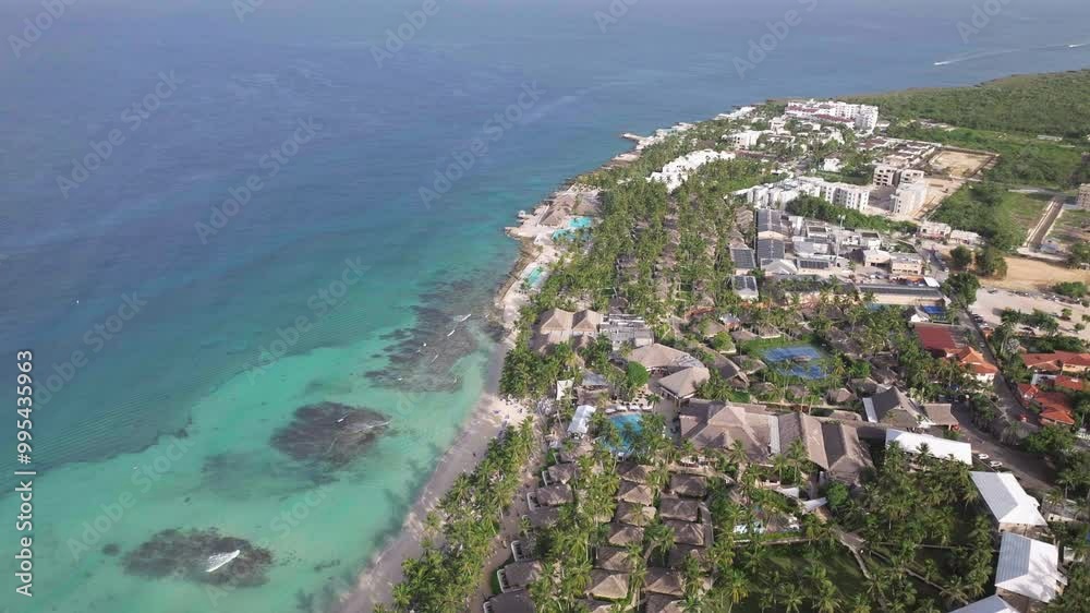 Dominicus beach at sunny morning,Aerial shot of sandy beach and crystal clear sea,Caribbean sea.Dominican republic. Dominicus beach at sunny morning,Aerial shot of sandy beach and crystal clear sea,Caribbean sea.Dominican republic.