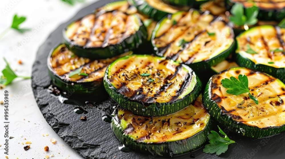 Grilled zucchini slices on slate plate against white backdrop Grilled zucchini slices on slate plate against white backdrop