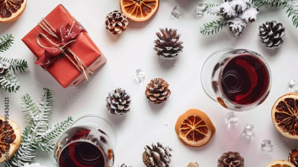 Festive flatlay featuring red gift box mulled wine pine cones on white backdrop Winter season and New Year celebration Festive flatlay featuring red gift box mulled wine pine cones on white backdrop Winter season and New Year celebration
