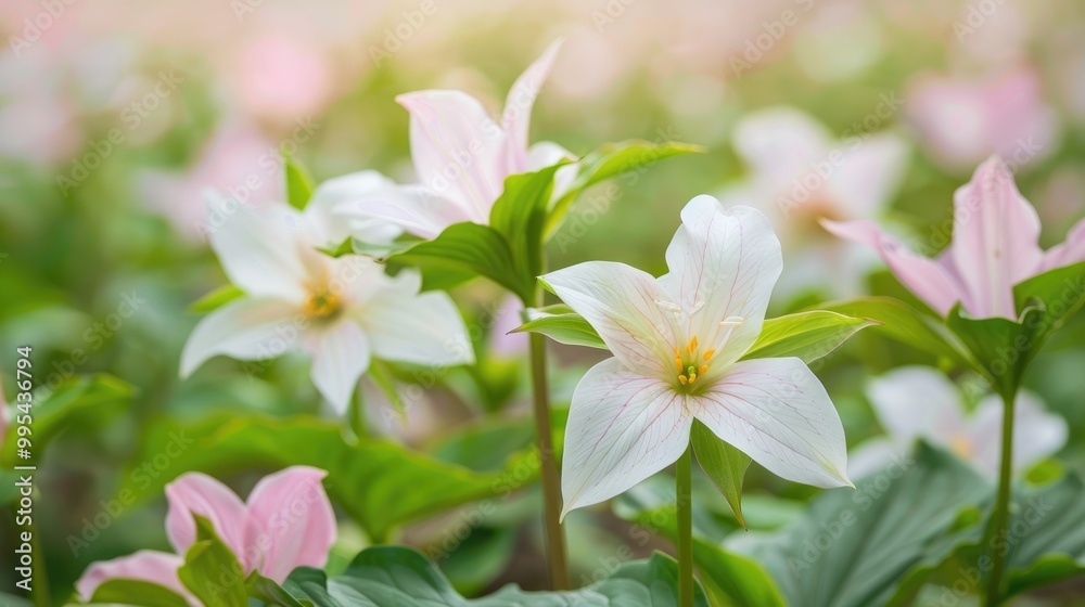 Tricolor trillium blossoming in a field with pink tinged white flowers Tricolor trillium blossoming in a field with pink tinged white flowers