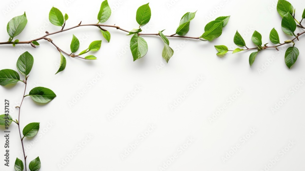 Twig and fresh leaf border on white backdrop