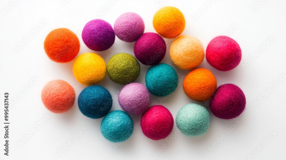 An assortment of wool balls, each a vibrant hue, rests upon a pristine white backdrop, creating a captivating visual symphony. An assortment of wool balls, each a vibrant hue, rests upon a pristine white backdrop, creating a captivating visual symphony.