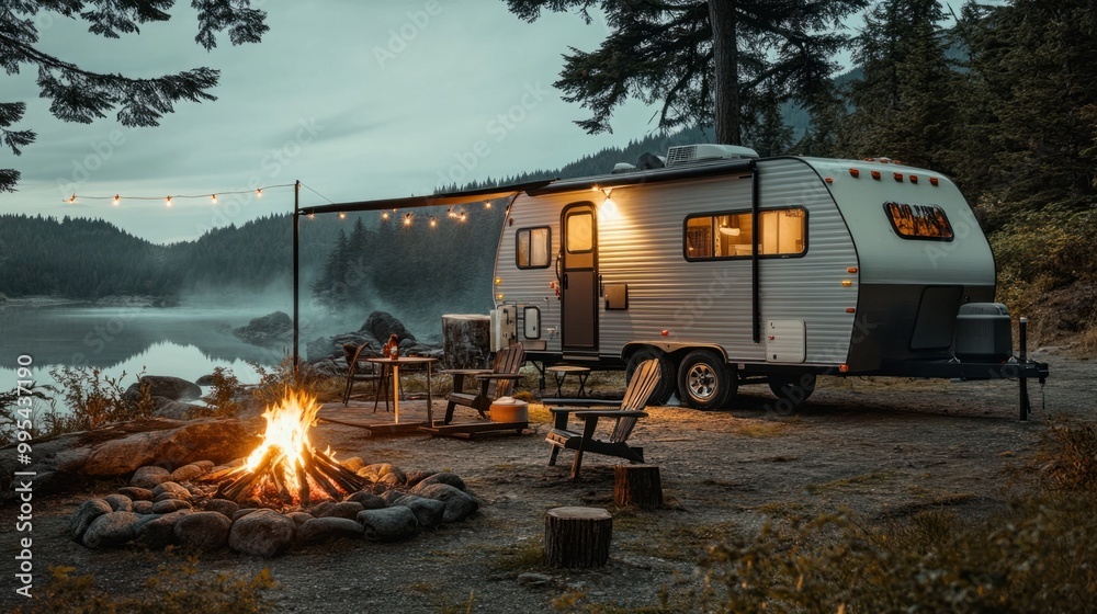 A travel trailer parked at a remote wilderness site, with a campfire and outdoor seating A travel trailer parked at a remote wilderness site, with a campfire and outdoor seating