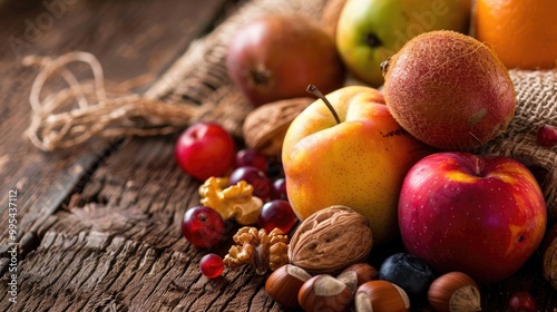 Fruits and nuts on wooden backdrop with burlap