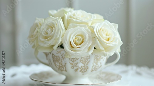 White roses in antique tea cup for Bridal pamper day decoration