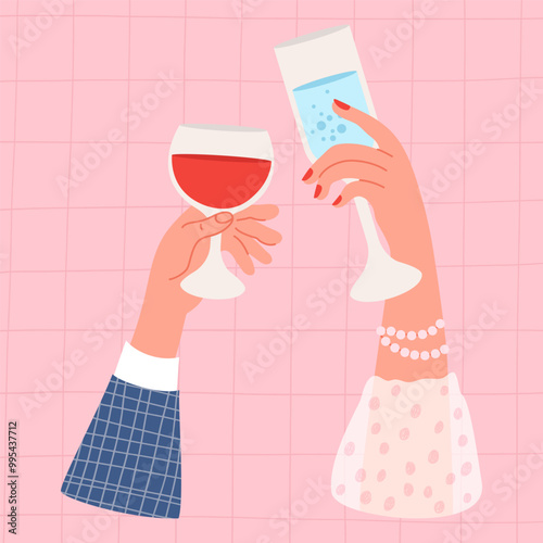 Holiday party. Male hand with glass of red wine and elegant female hand with drink in glassful on pink checkered background. Vector illustration