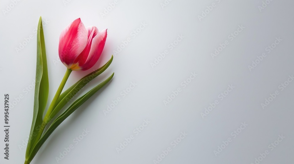 Fototapeta premium Vibrant spring pink tulip on white background with text space
