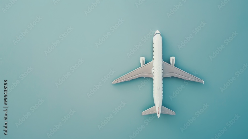 White airplane model and empty frame from above on blue backdrop White airplane model and empty frame from above on blue backdrop