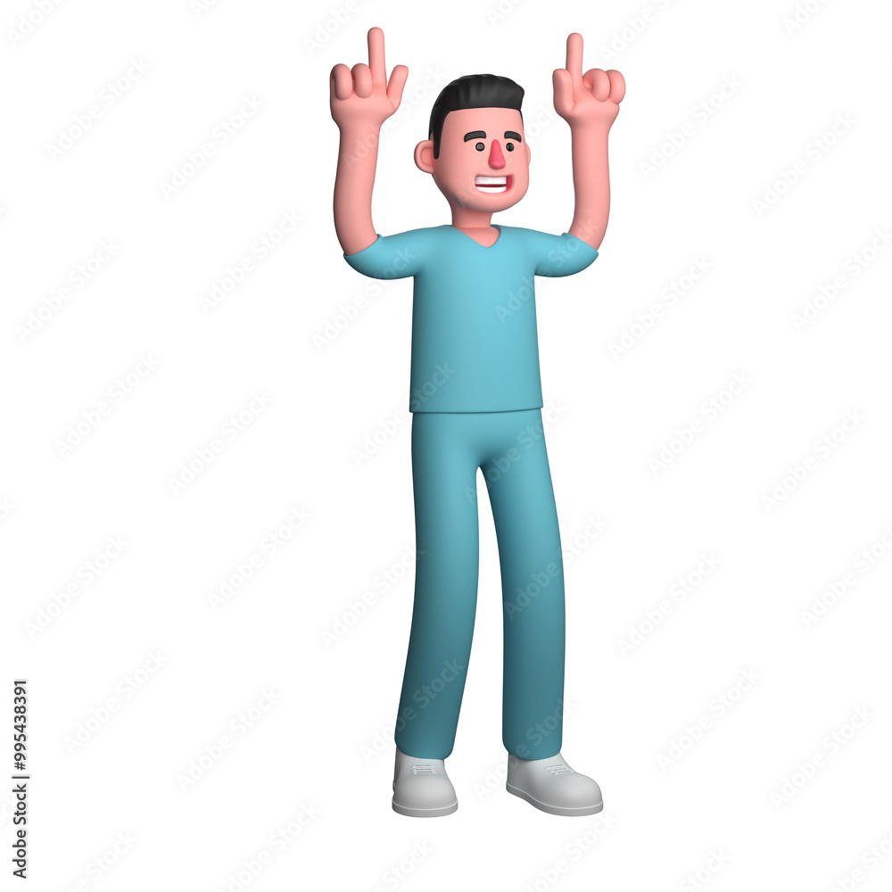 Fototapeta premium Cartoon Professional Nurse. A male nurse is seen raising both hands with his index finger pointing up. 3D Male