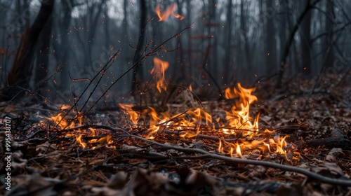 Flames rising from burning winter twigs in the forest photo