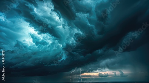 Thunderstorm with lightning under a dark sky photo