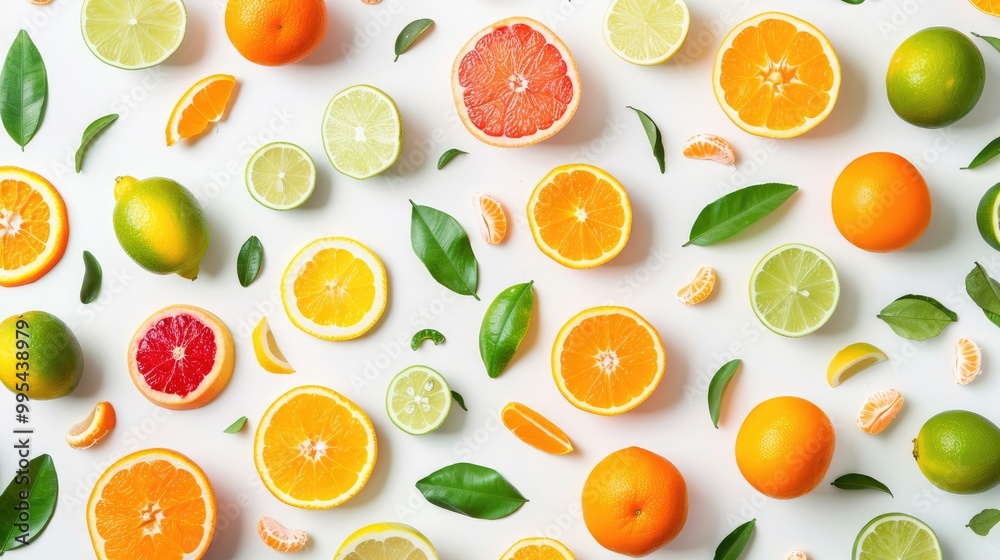 Fresh and juicy citrus fruits arranged as a pattern in top view on white background Fresh and juicy citrus fruits arranged as a pattern in top view on white background
