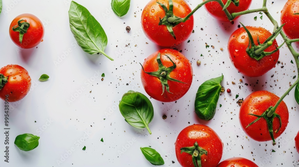 Fresh tomatoes with leaves on white background with text Fresh tomatoes with leaves on white background with text