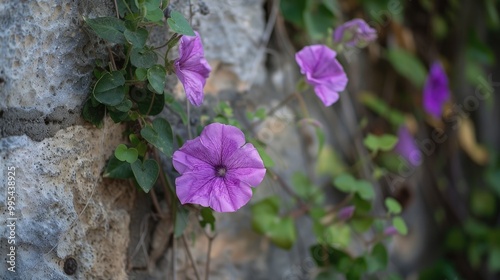 Flower of a purple hue blossoms by the wall