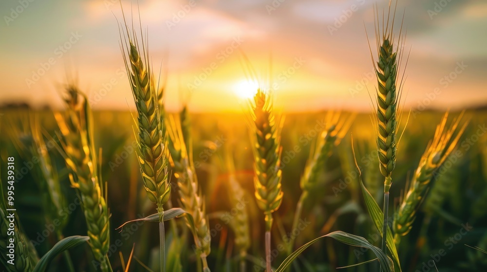 Sunset illuminating green wheat field Sunset illuminating green wheat field