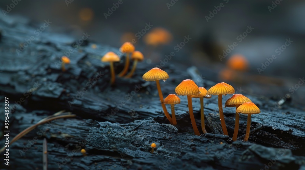 Tiny orange mushrooms on dark wood Tiny orange mushrooms on dark wood