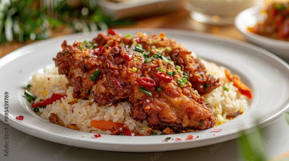Fried chicken skin and warm rice on a white plate Fried chicken skin and warm rice on a white plate