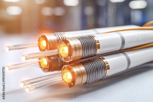 Silver and gold coaxial cables with orange connectors illustrating high performance data transmission durable connectivity and modern telecommunication infrastructure