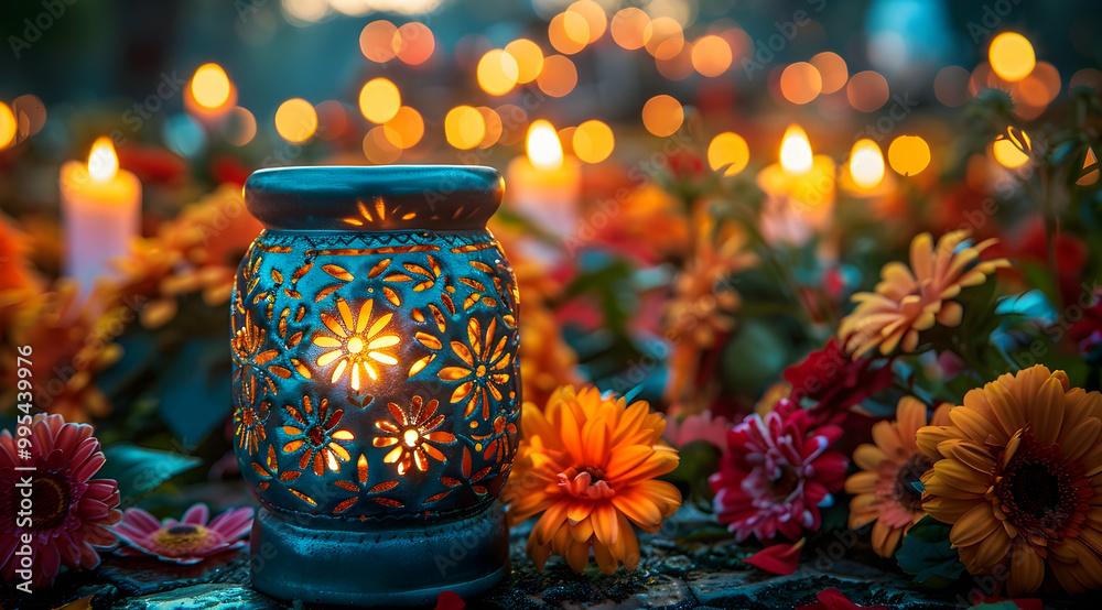 Ornate Blue Lantern with Candlelight and Flowers  Photo