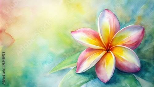 Close-up watercolor painting of tropical frangipani flower in soft hues, tropical, flower, frangipani, watercolor, painting