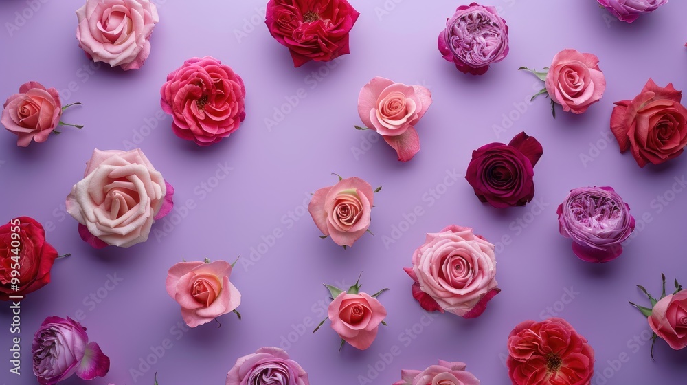 Top view of various rose blooms on a purple background Top view of various rose blooms on a purple background