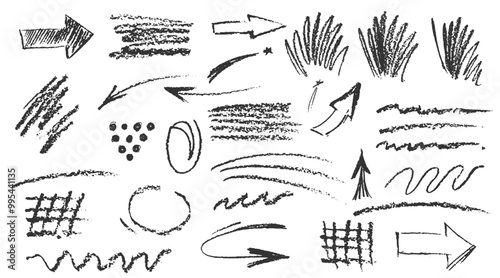 Charcoal pencil hand drawing curly lines, splash, squiggles and shapes. Black elements on white background. Grunge chalk crayon scribbles doodles textures. Rough crayon strokes. Vector illustration