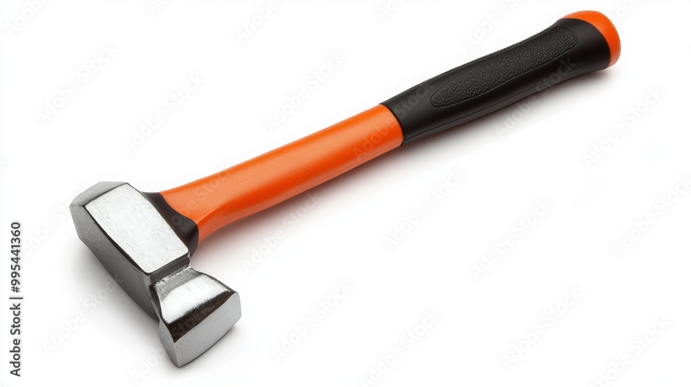 An orange iron hammer featuring a medium-sized black rubber grip designed for roofing tasks. The image has a white background and provides a clipping path for easy isolation. An orange iron hammer featuring a medium-sized black rubber grip designed for roofing tasks. The image has a white background and provides a clipping path for easy isolation.