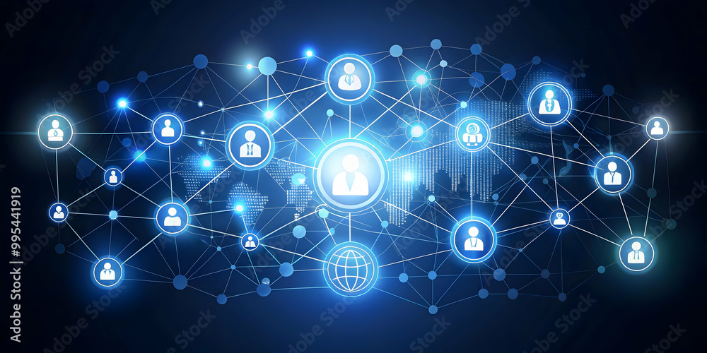 Fototapeta premium Flat Glowing Abstract Digital Acquisition with Connected Icons - Modern Vector Illustration for Corporate Marketing and Business Integration