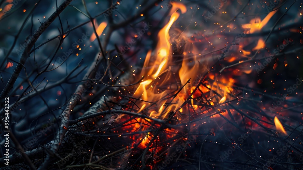 Flames rising from burning winter twigs in the forest Flames rising from burning winter twigs in the forest