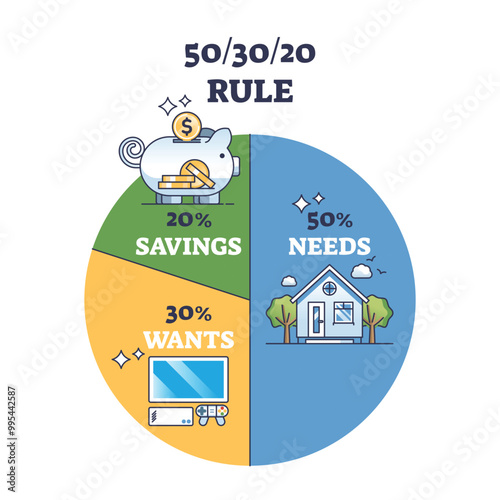 A pie chart illustrating the 50-30-20 rule with sections for needs, wants, and savings, featuring icons for each category, outline diagram.