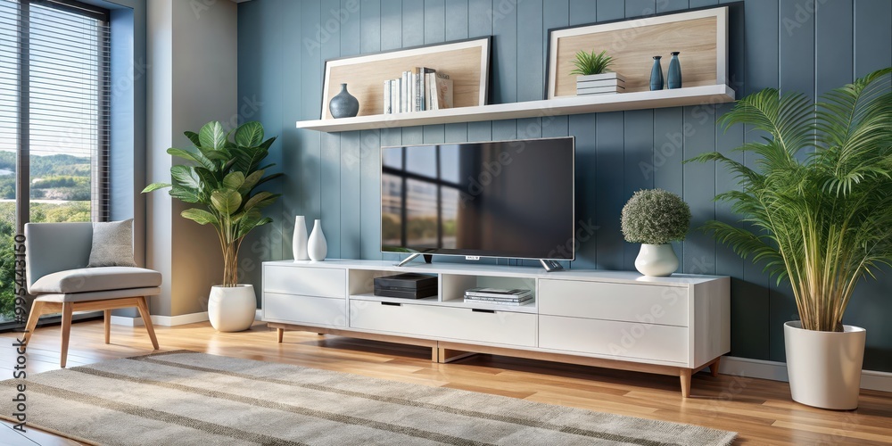 Modern white TV cabinet in a living room setting, TV stand, entertainment unit, storage, home decor Modern white TV cabinet in a living room setting, TV stand, entertainment unit, storage, home decor