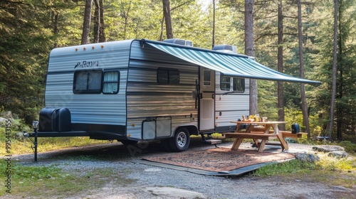 A travel trailer with an awning extended, set up for a picnic in a scenic campground