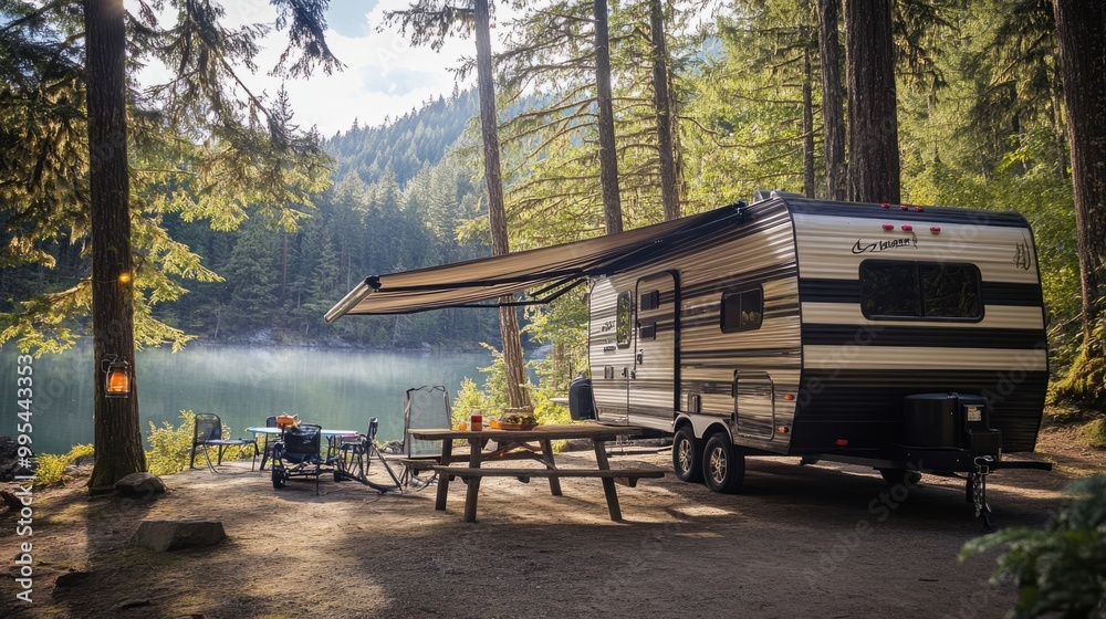 A travel trailer with an awning extended, set up for a picnic in a scenic campground A travel trailer with an awning extended, set up for a picnic in a scenic campground