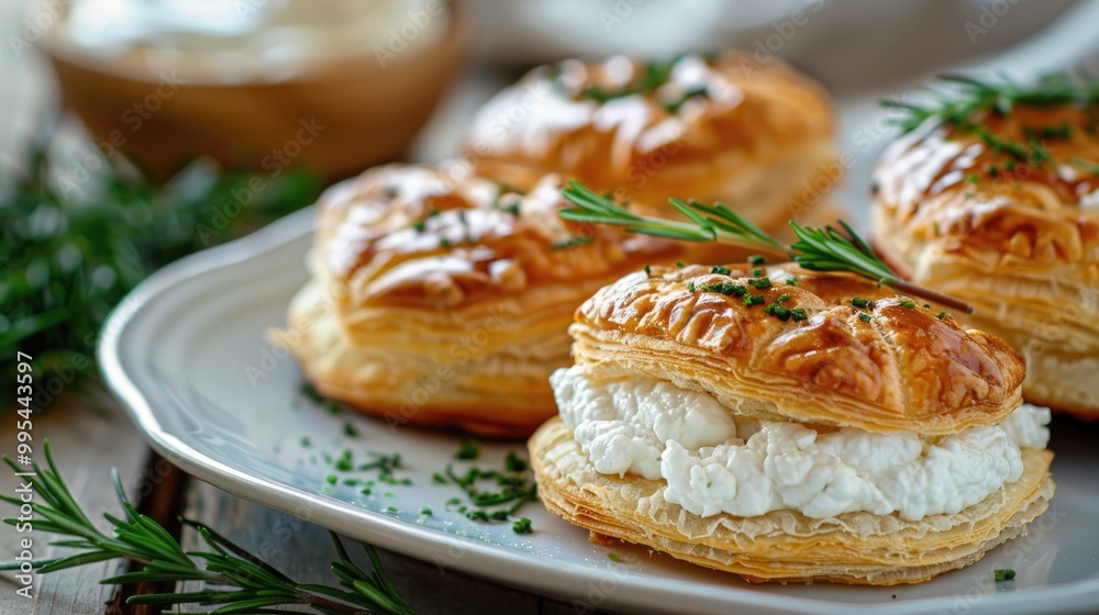 Fresh puff cakes with goat cheese on plate nobody in sight Fresh puff cakes with goat cheese on plate nobody in sight