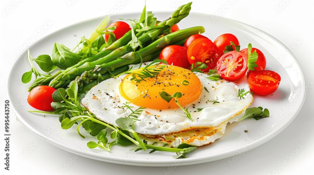Healthy meal with egg cherry tomatoes mixed salad and asparagus on white plate against white background Healthy meal with egg cherry tomatoes mixed salad and asparagus on white plate against white background