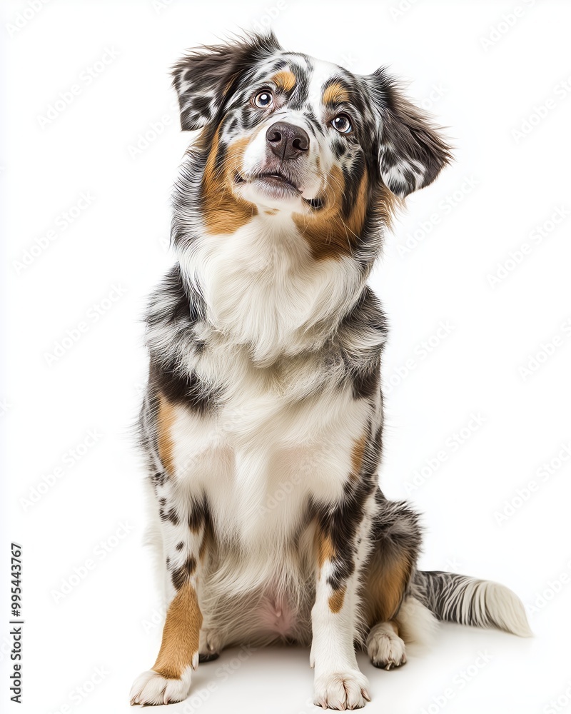 A charming Australian Shepherd sits gracefully, showcasing its stunning merle coat and joyful personality. A charming Australian Shepherd sits gracefully, showcasing its stunning merle coat and joyful personality.
