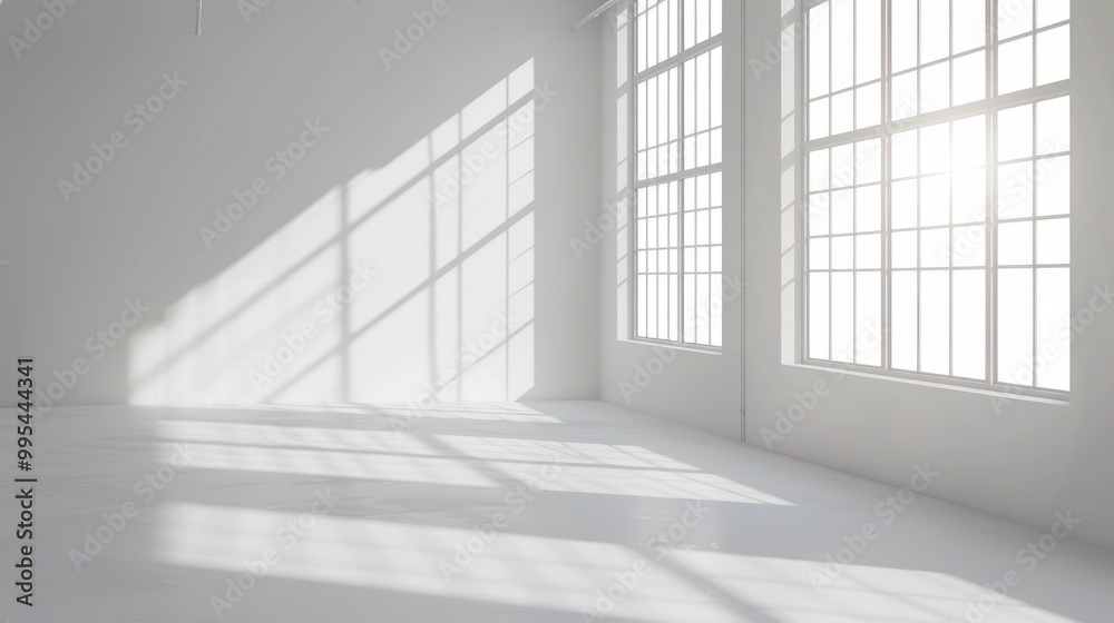 Empty white studio room with sunlight casting shadows suitable for design purposes