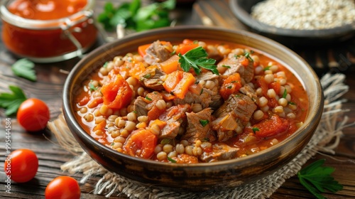 Tomato sauce stewed meat with buckwheat accompaniment