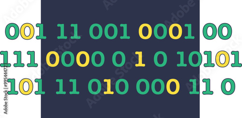 Binary code representation with sequences of 0s and 1s in green and yellow on a dark background.