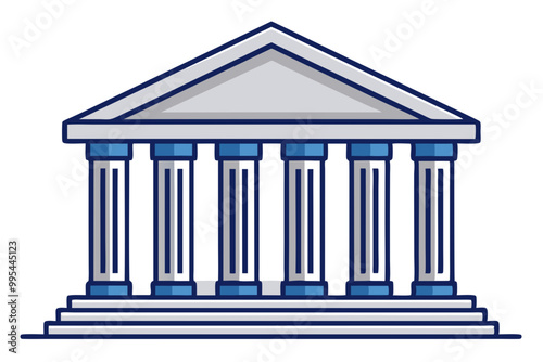 Iconic Classical Bank Building with Greek Columns Bold Outline Design on Solid White Background