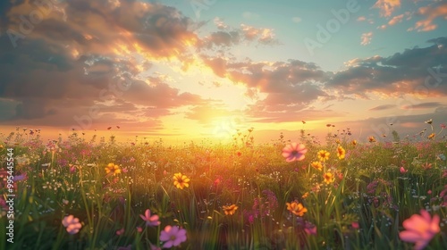 Sunset scenery over grassy field with blooming flowers