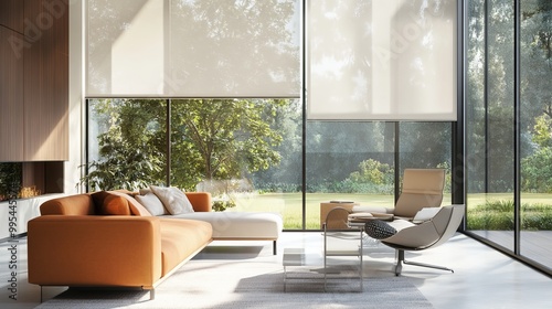 Automated window coverings enhance modern interiors, providing convenience and comfort:

* Motorized blinds offer effortless control, while large solar shades block the sun