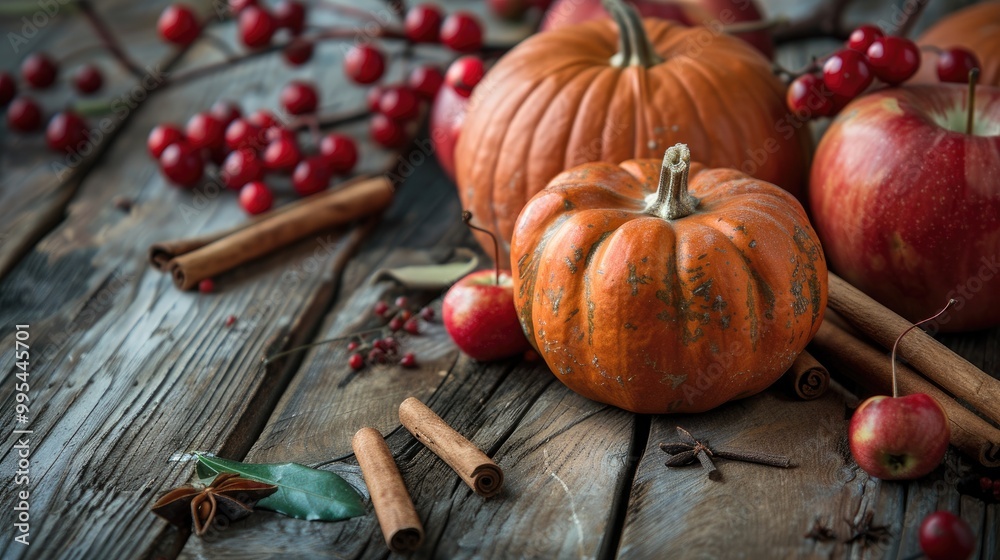 Thanksgiving table decor Pumpkins berries apples cinnamon on rustic wood Thanksgiving table decor Pumpkins berries apples cinnamon on rustic wood