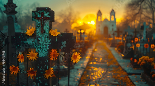 Cross Decorated with Flowers in Cemetery at Sunset - Realistic Image