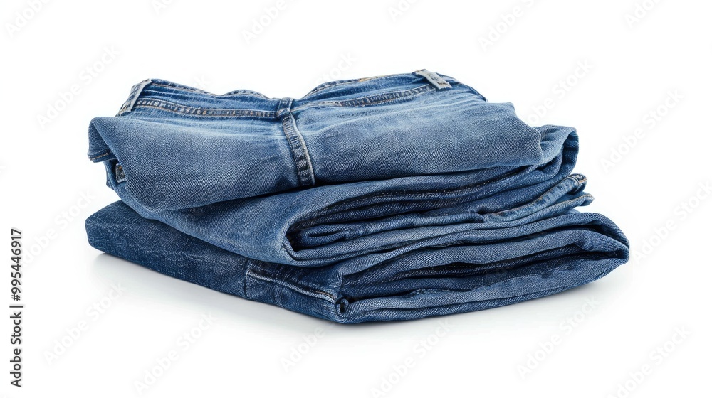 Stacked faded blue jeans on white background Stacked faded blue jeans on white background