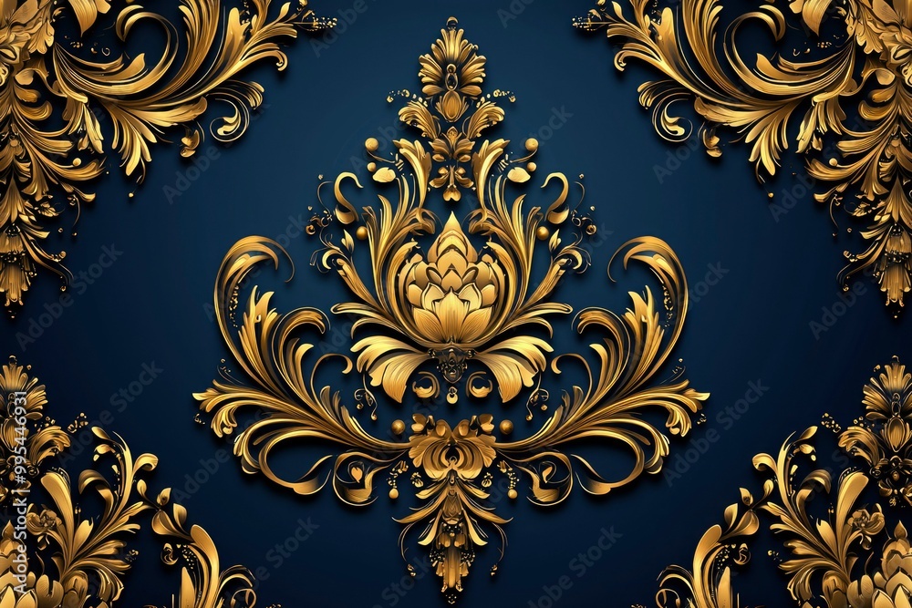 Intricate Golden Floral Design on a Navy Background Intricate Golden Floral Design on a Navy Background
