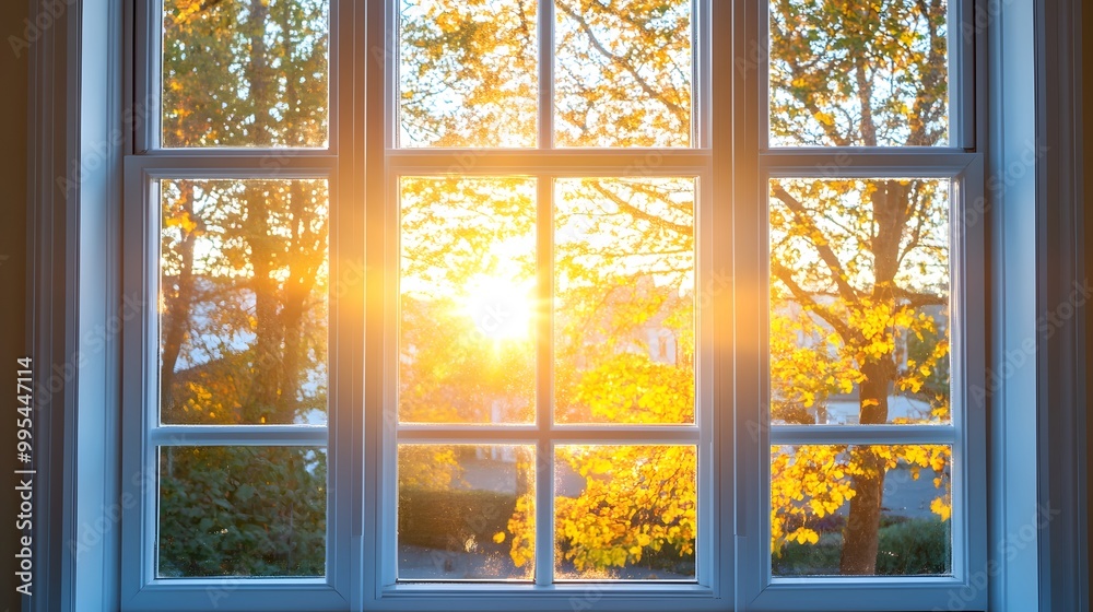 Fototapeta premium A Window View of a Tree with Golden Leaves in the Sunset Light