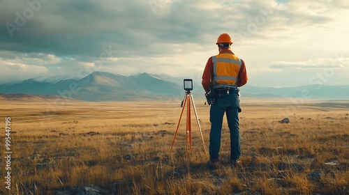 Engineer Surveying Land A land surveyor engineer standing in an open field, holding a GPS device, with surveying equipment and vast land stretching into the horizon. 