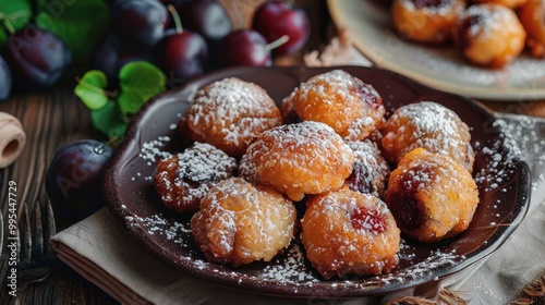 Sweet homemade dessert Plum dumplings in Austrian tradition photo