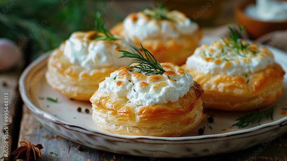 Fresh puff cakes with goat cheese on plate nobody in sight Fresh puff cakes with goat cheese on plate nobody in sight